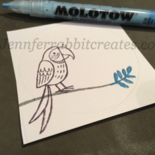 Step 3: I used Molotow Masking Fluid Pen over the leaves so it looks the right parrot is partially behind said leaves.